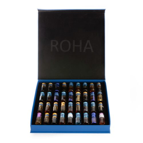 Roha luxury attar set — 33 premium oud and essential oil bottles in a black gift box